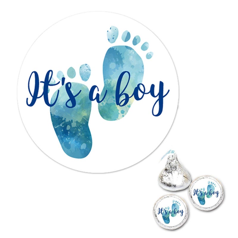 Mr.Mug 180 Chocolate Drop Labels Stickers- Gender Reveal Footprints Kisses Labels For Baby Shower, It's a Boy Baby Shower Favor Labels. - Image 1